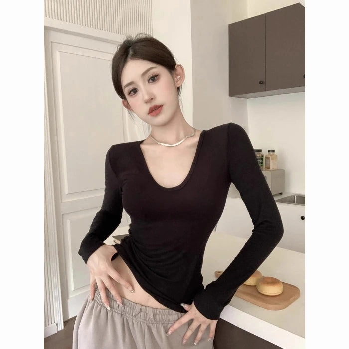 Stylish Women??s Long Sleeve Velvet Thermal T-Shirt - U Neck Slim Fit Cropped Top for Autumn & Winter Comfort