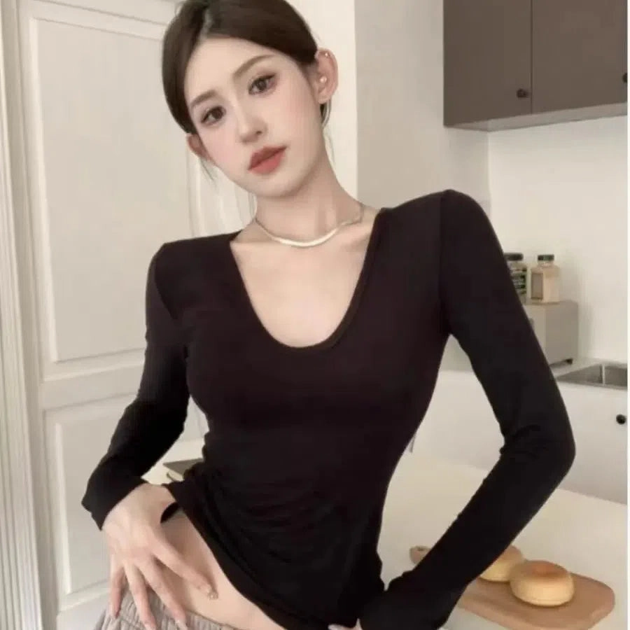 Stylish Women??s Long Sleeve Velvet Thermal T-Shirt - U Neck Slim Fit Cropped Top for Autumn & Winter Comfort