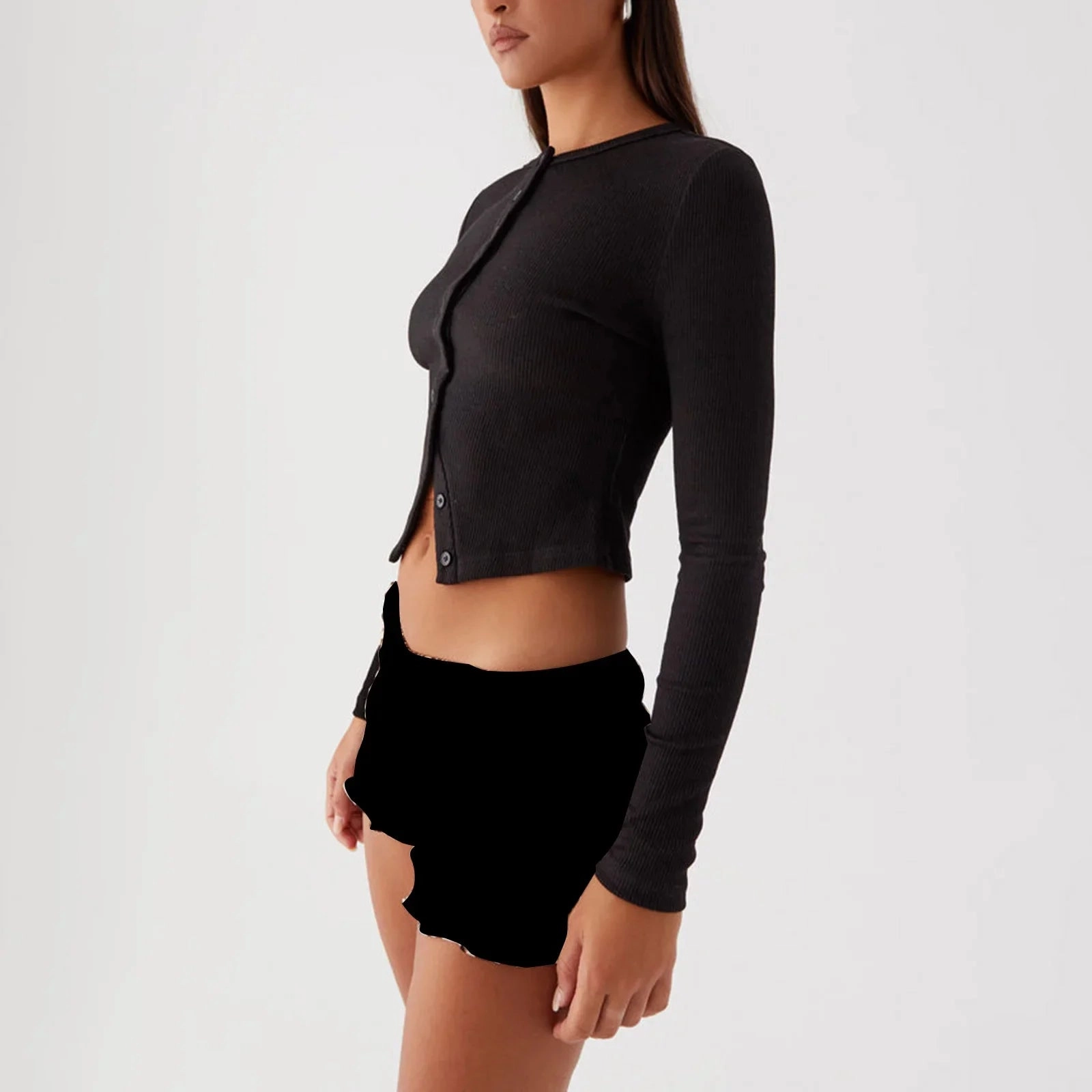 Stylish Women??s Ribbed Knit Crop Top with Button Front ?C Long Sleeve Club & Streetwear Essential for Y2K Vibes