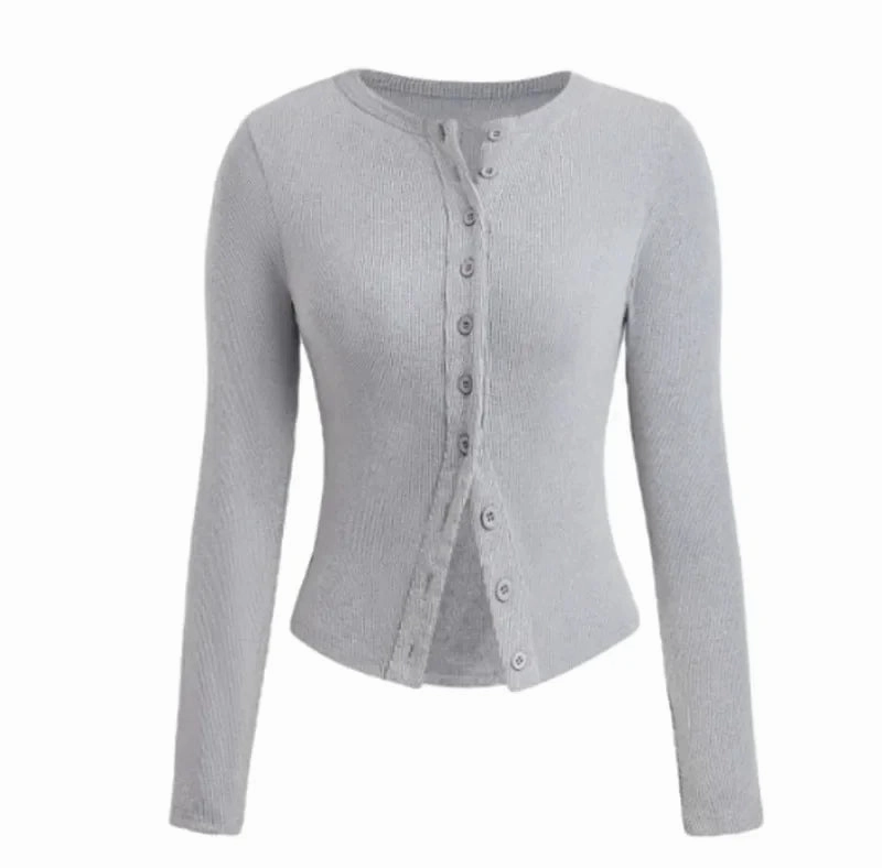 Stylish Women??s Ribbed Knit Crop Top with Button Front ?C Long Sleeve Club & Streetwear Essential for Y2K Vibes