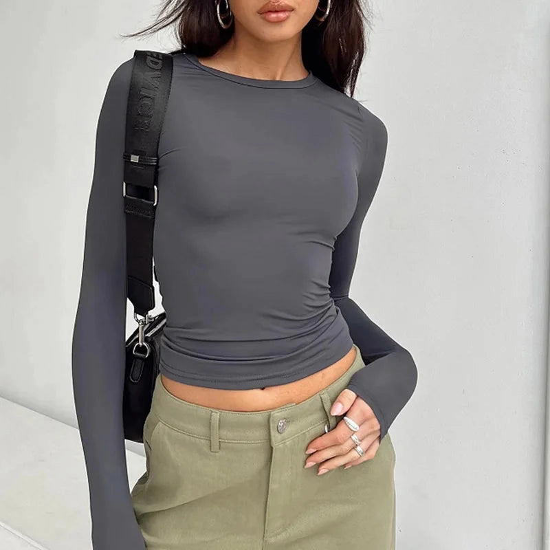 Stylish Women's Slim Fit Long Sleeve Casual Tees - Perfect for Spring & Autumn Streetwear Essentials