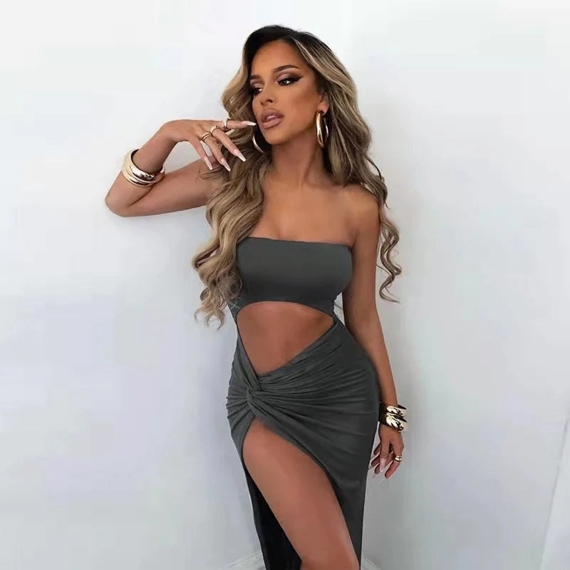 Stylish Women's Summer Strapless Midi Dress - Solid Color Backless Design for Effortless Beach Chic