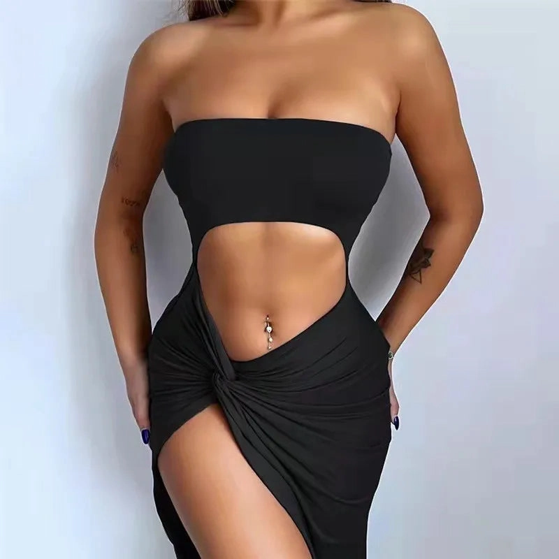 Stylish Women's Summer Strapless Midi Dress - Solid Color Backless Design for Effortless Beach Chic