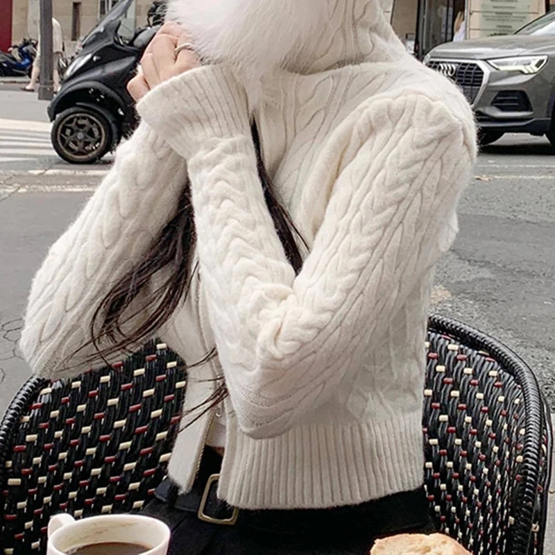 SUCHCUTE Beige Furry Trim Hooded Cropped Cardigan Coat