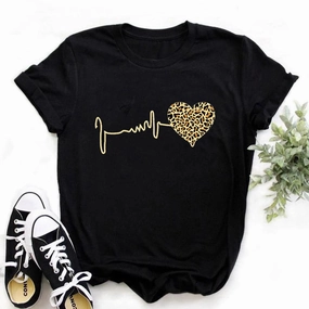 Summer 90s Leopard Heartbeat Graphic T Shirt Women??s Short Sleeve Top Casual Harajuku Fashion