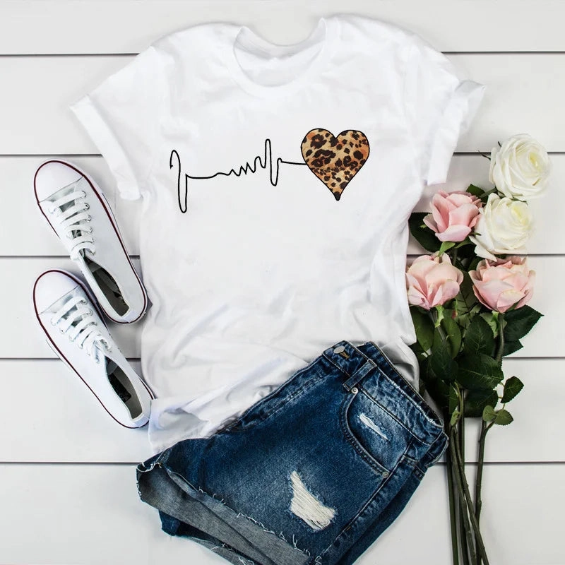 Summer 90s Leopard Heartbeat Graphic T Shirt Women??s Short Sleeve Top Casual Harajuku Fashion