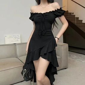 Summer Black A-LINE Dress Women Streetwear Sexy Off Shoulder Elegance
