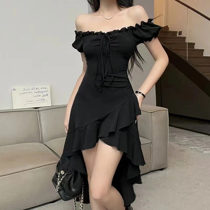 Summer Black A-LINE Dress Women Streetwear Sexy Off Shoulder Elegance