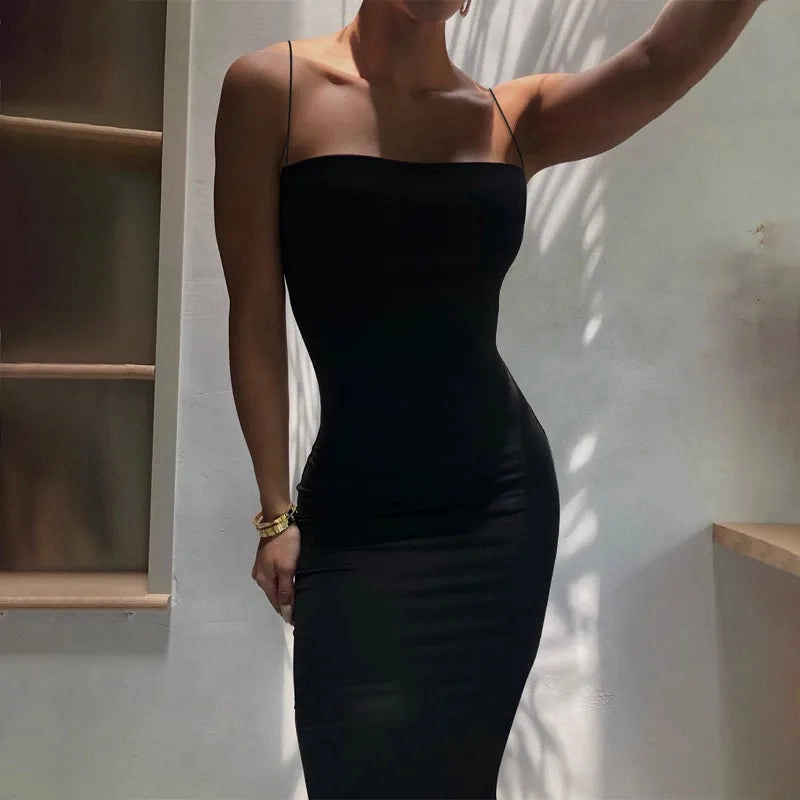 Summer Black Dress Women Sexy Sleeveless Solid Backless Bodycon Party Dress