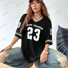 Summer Black Mesh T-Shirt for Women V-Neck Short Sleeve Oversized Football Jersey Casual Y2K Style