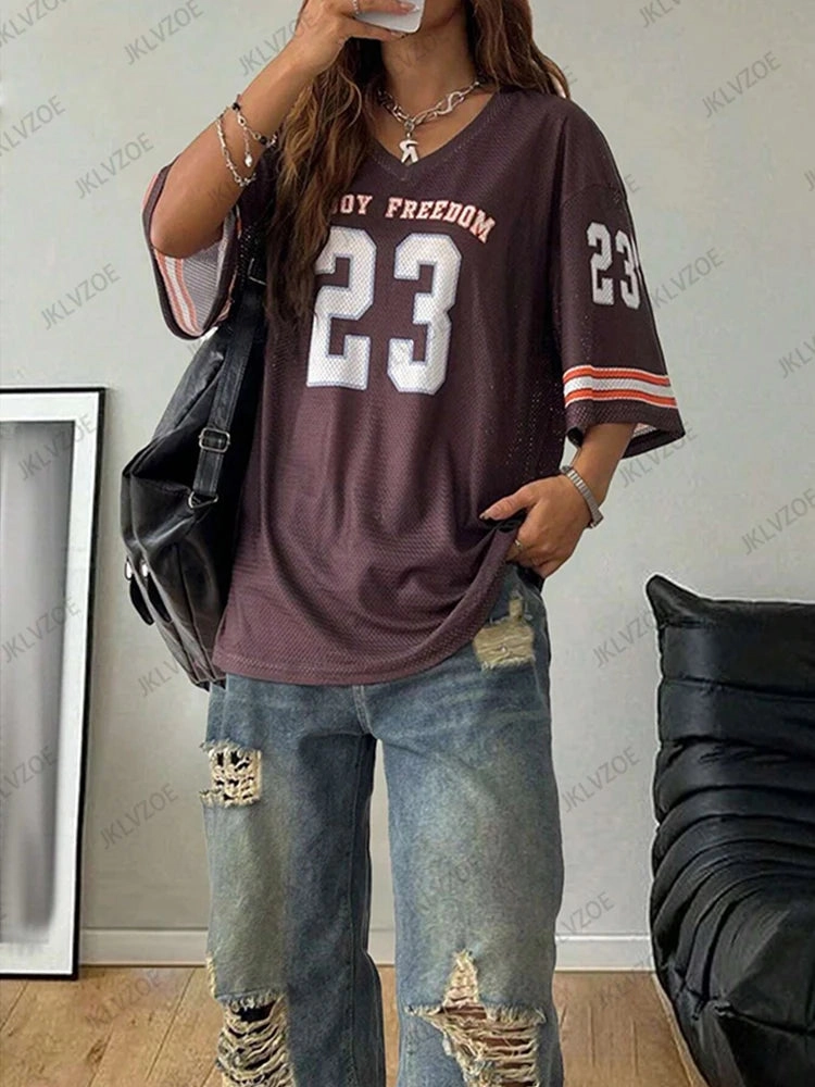 Summer Black Mesh T-Shirt for Women V-Neck Short Sleeve Oversized Football Jersey Casual Y2K Style