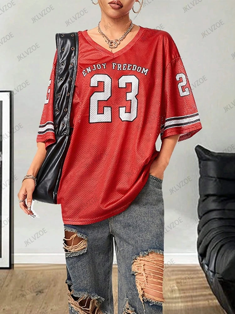 Summer Black Mesh T-Shirt for Women V-Neck Short Sleeve Oversized Football Jersey Casual Y2K Style