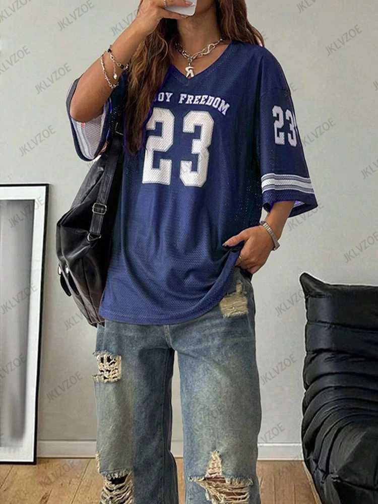 Summer Black Mesh T-Shirt for Women V-Neck Short Sleeve Oversized Football Jersey Casual Y2K Style