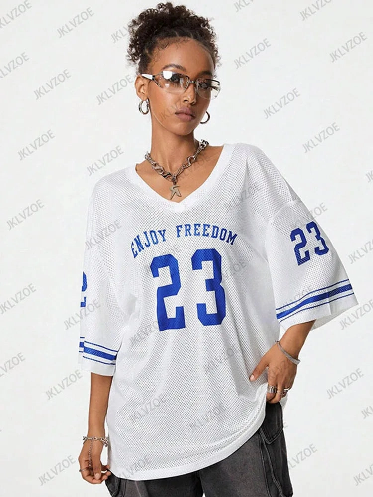 Summer Black Mesh T-Shirt for Women V-Neck Short Sleeve Oversized Football Jersey Casual Y2K Style