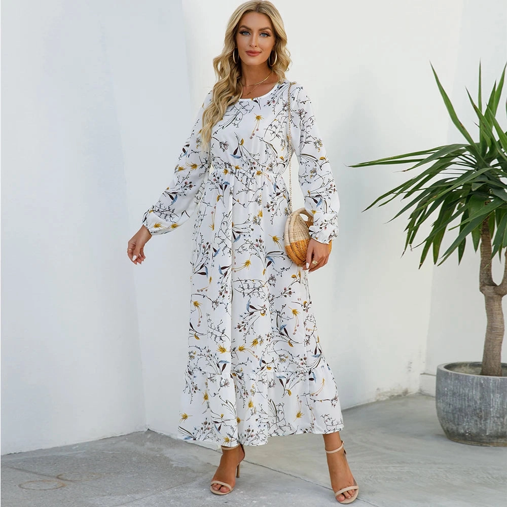 Summer Bohemian Maxi Dress Long Sleeve High Waist Floral Chiffon