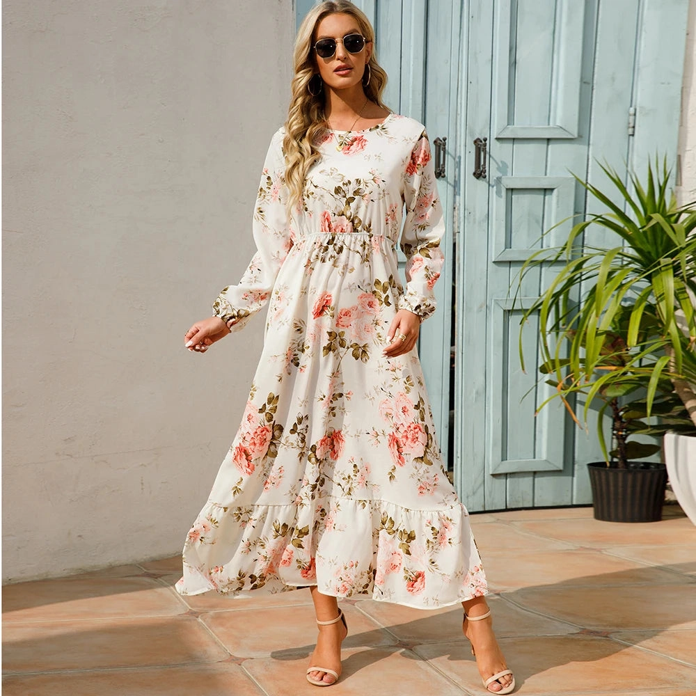 Summer Bohemian Maxi Dress Long Sleeve High Waist Floral Chiffon