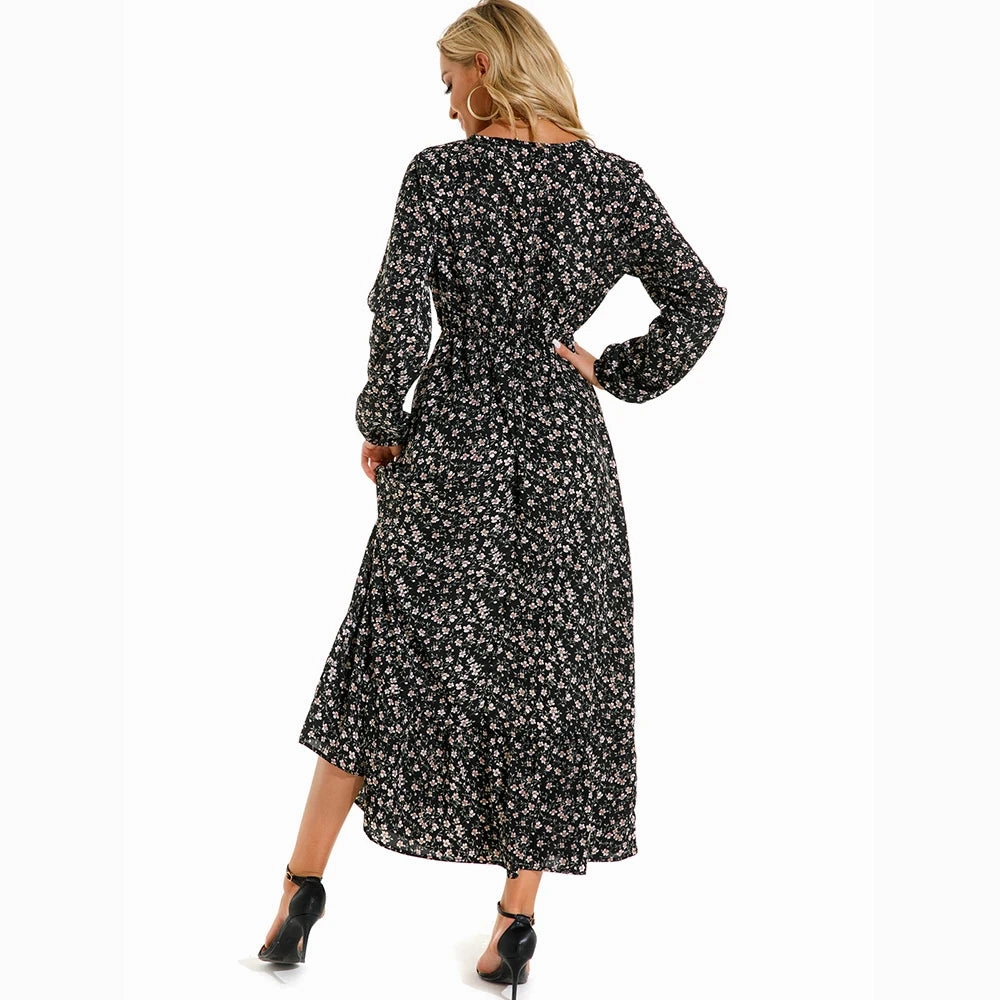 Summer Bohemian Maxi Dress Long Sleeve High Waist Floral Chiffon