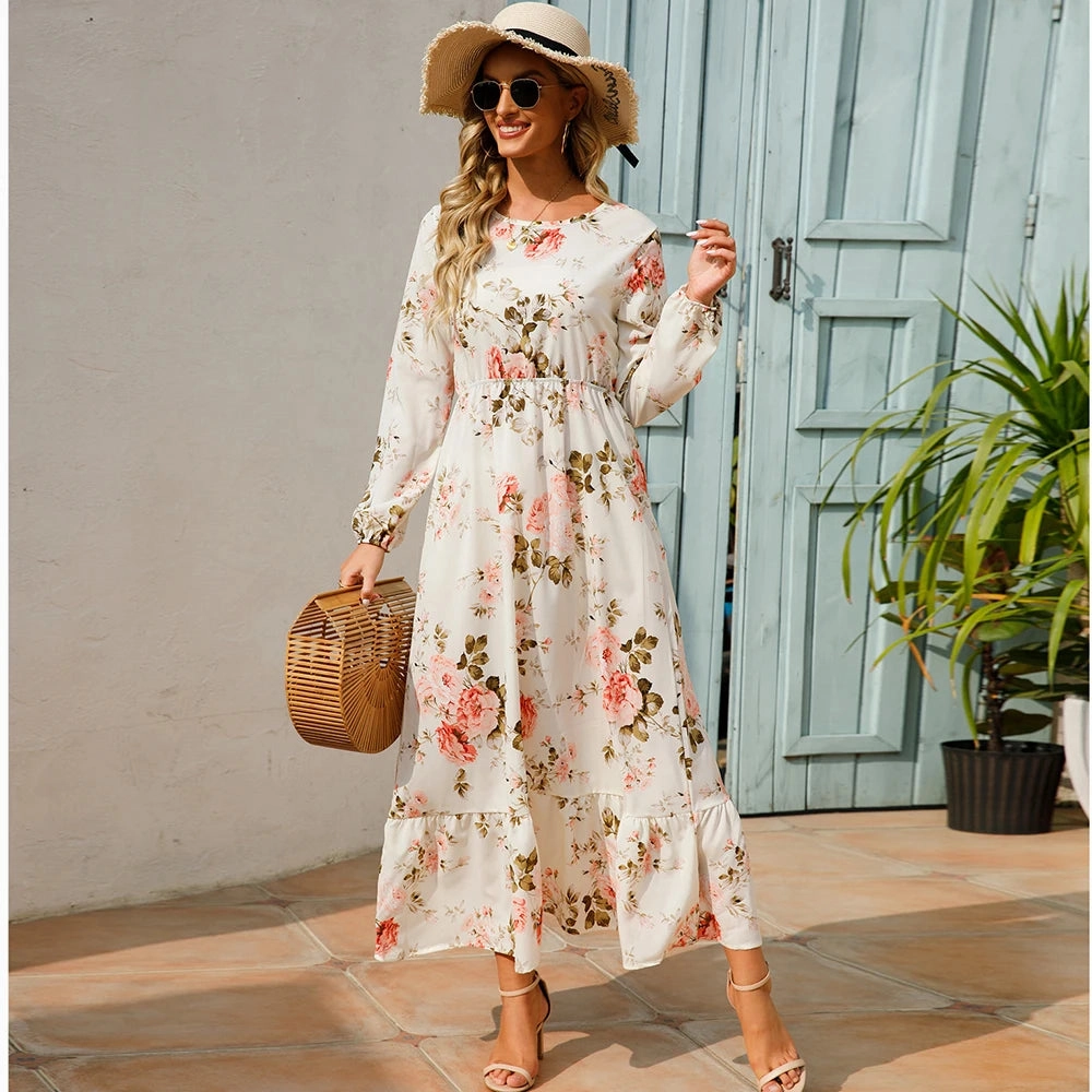 Summer Bohemian Maxi Dress Long Sleeve High Waist Floral Chiffon