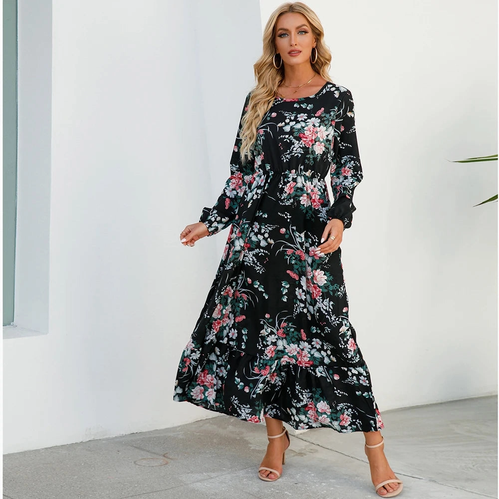 Summer Bohemian Maxi Dress Long Sleeve High Waist Floral Chiffon