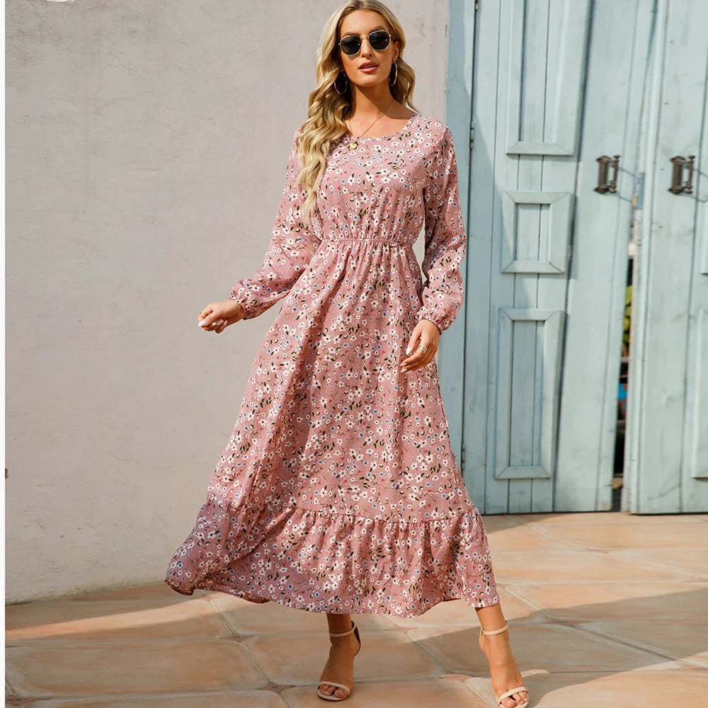 Summer Bohemian Maxi Dress Long Sleeve High Waist Floral Chiffon