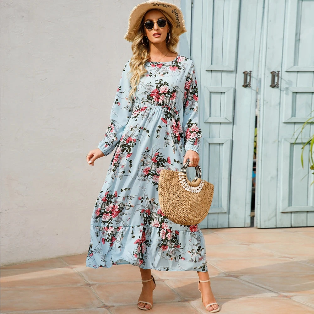 Summer Bohemian Maxi Dress Long Sleeve High Waist Floral Chiffon