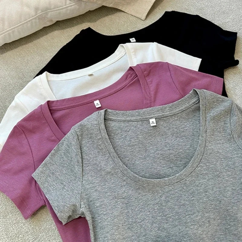 Summer Casual Cotton T Shirt for Women Short Sleeve Slim Fit O Neck Basic Fashion Youth Tee Shirt