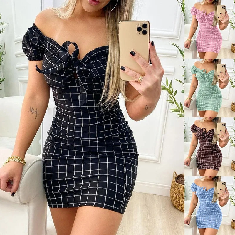 Summer Dress Sexy Package Buttocks Short Skirt Cross Border Grid Print