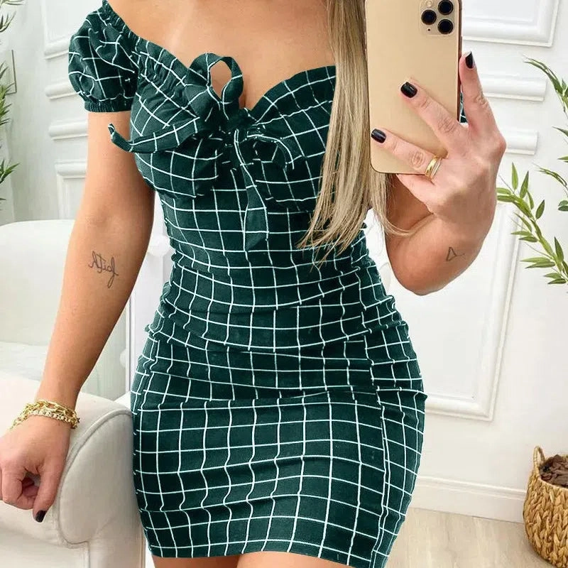 Summer Dress Sexy Package Buttocks Short Skirt Cross Border Grid Print