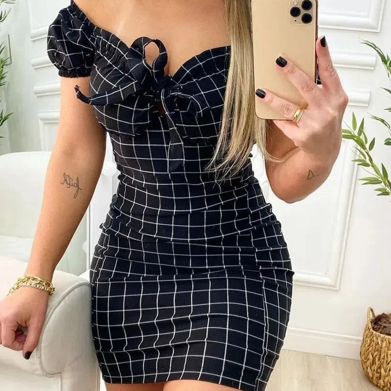 Summer Dress Sexy Package Buttocks Short Skirt Cross Border Grid Print