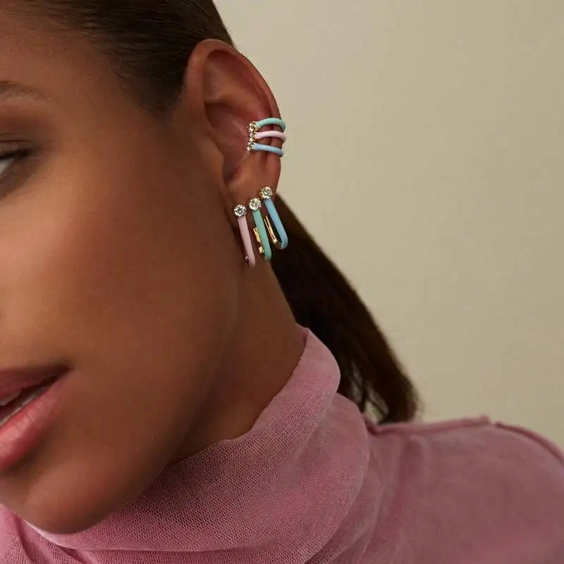 Summer Fashion Jewelry Gold Color 5A CZ Pastel Enamel Huggie Hoops