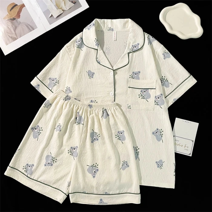 Summer Faux Cotton Women Pajamas Set Floral Print Top & Shorts Sleepwear Loungewear for Ladies