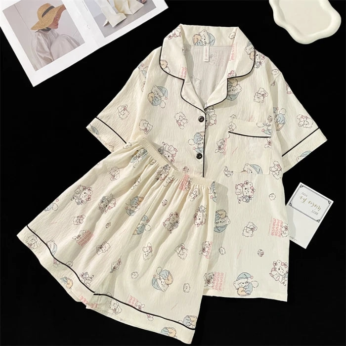 Summer Faux Cotton Women Pajamas Set Floral Print Top & Shorts Sleepwear Loungewear for Ladies