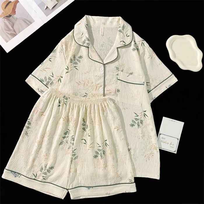 Summer Faux Cotton Women Pajamas Set Floral Print Top & Shorts Sleepwear Loungewear for Ladies