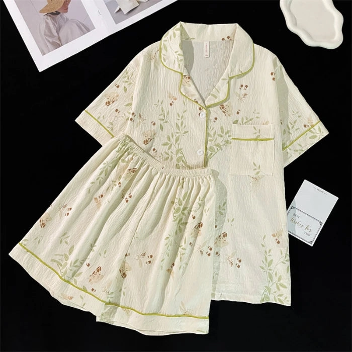 Summer Faux Cotton Women Pajamas Set Floral Print Top & Shorts Sleepwear Loungewear for Ladies