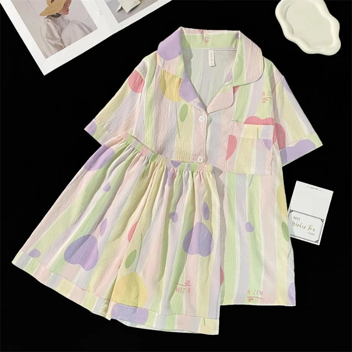 Summer Faux Cotton Women Pajamas Set Floral Print Top & Shorts Sleepwear Loungewear for Ladies