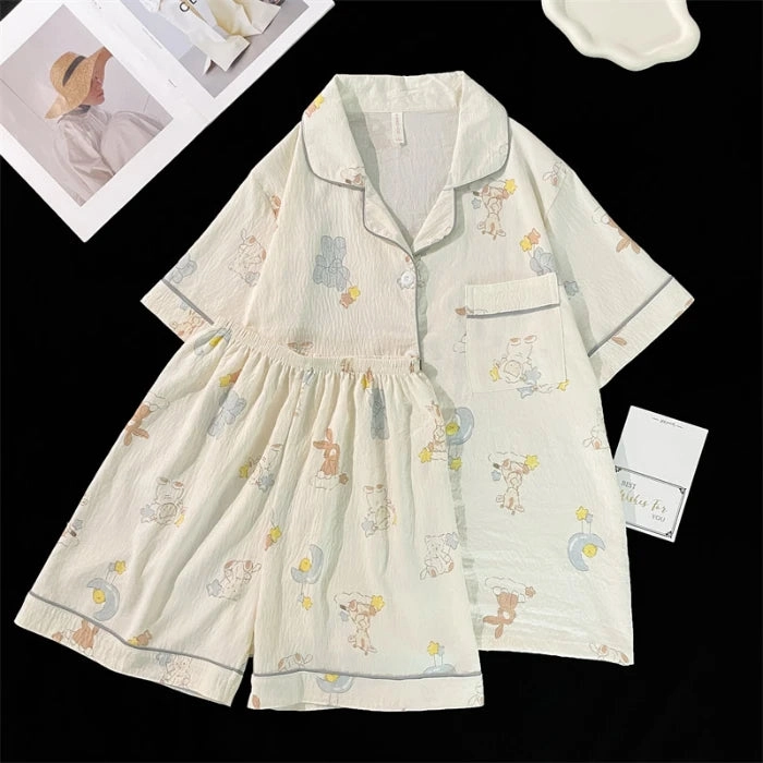 Summer Faux Cotton Women Pajamas Set Floral Print Top & Shorts Sleepwear Loungewear for Ladies
