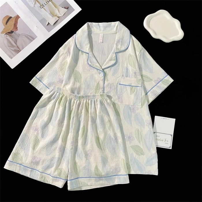 Summer Faux Cotton Women Pajamas Set Floral Print Top & Shorts Sleepwear Loungewear for Ladies