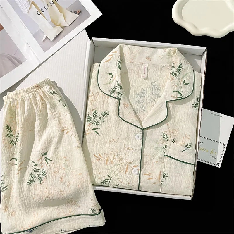 Summer Faux Cotton Women Pajamas Set Floral Print Top & Shorts Sleepwear Loungewear for Ladies