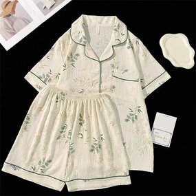 Summer Faux Cotton Women Pajamas Set Floral Print Top & Shorts Sleepwear Loungewear for Ladies