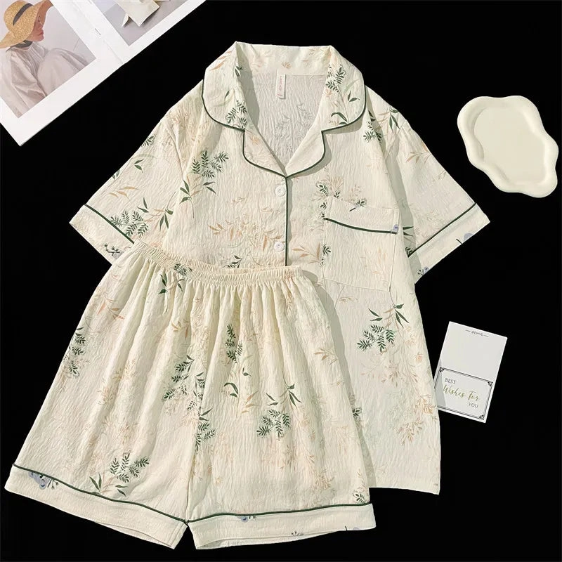 Summer Faux Cotton Women Pajamas Set Floral Print Top & Shorts Sleepwear Loungewear for Ladies