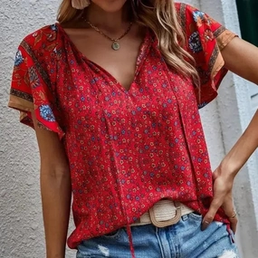Summer Floral Print Blouses for Women V Neck Short Sleeve Boho Beach Casual Tops Elegant Shirt for Summer Vacation and Outings