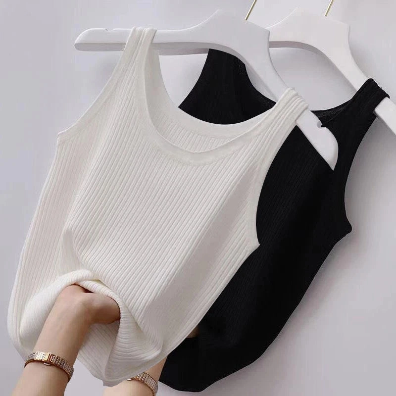 Summer Knit Vest Top Sleeveless O Neck Women Camisole Slim Tank Tees in Black or White