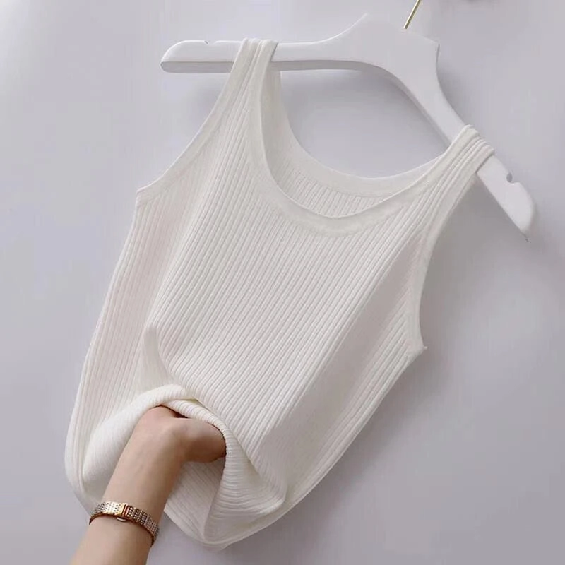 Summer Knit Vest Top Sleeveless O Neck Women Camisole Slim Tank Tees in Black or White