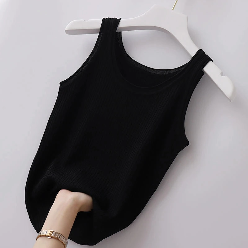 Summer Knit Vest Top Sleeveless O Neck Women Camisole Slim Tank Tees in Black or White