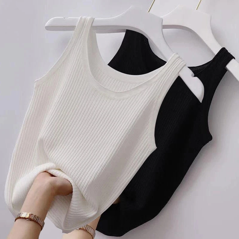 Summer Knit Vest Top Sleeveless O Neck Women Camisole Slim Tank Tees in Black or White