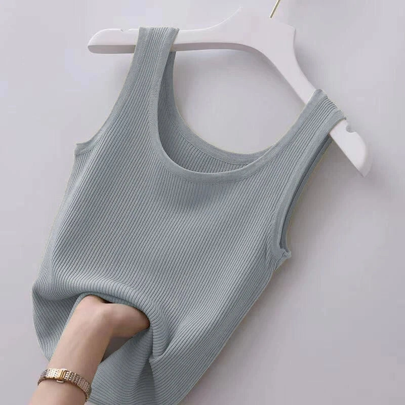 Summer Knit Vest Top Sleeveless O Neck Women Camisole Slim Tank Tees in Black or White