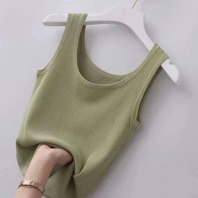 Summer Knit Vest Top Sleeveless O Neck Women Camisole Slim Tank Tees in Black or White
