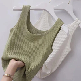Summer Knit Vest Top Sleeveless O Neck Women Camisole Slim Tank Tees in Black or White