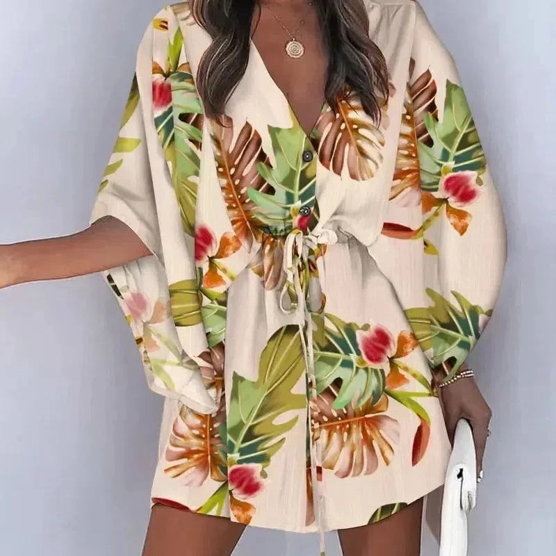 Summer New Beach Party Elegant Women's Fashion Sexy Dress V-Neck Lace Up Button Print Casual Short Sleeve Miniskirt