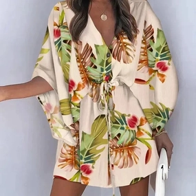 Summer New Beach Party Elegant Women's Fashion Sexy Dress V-Neck Lace Up Button Print Casual Short Sleeve Miniskirt